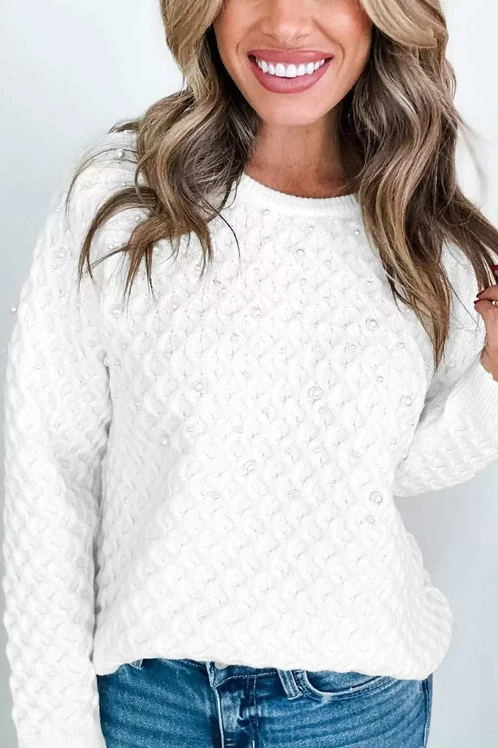 Women’s pearl embellished textured knit sweater from Hot Topic Goods