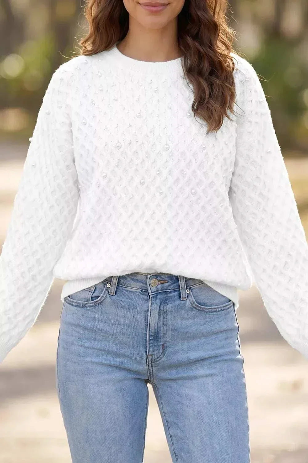 Women’s pearl embellished sweater with textured knit and long sleeves from Hot Topic Goods