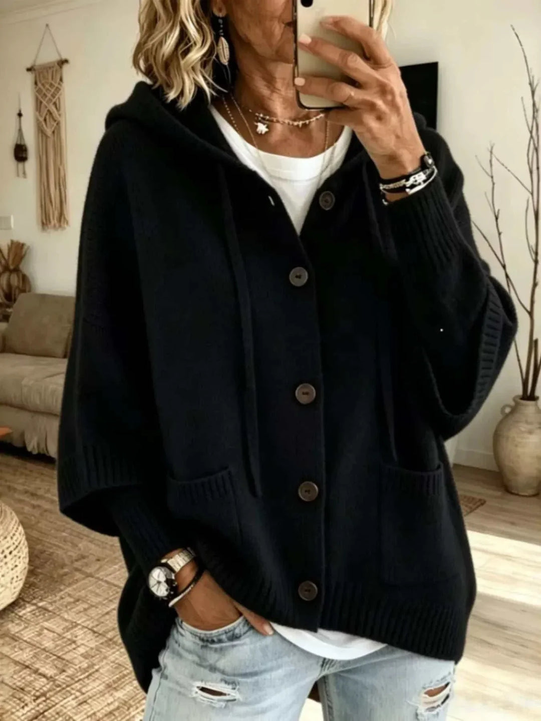 Womens plus size hooded knit cardigan with buttons and pockets