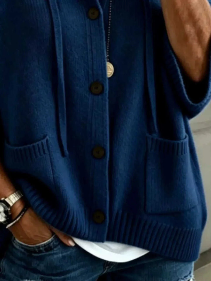 Women’s plus size hooded knit cardigan in dark gray with button-down front and pockets