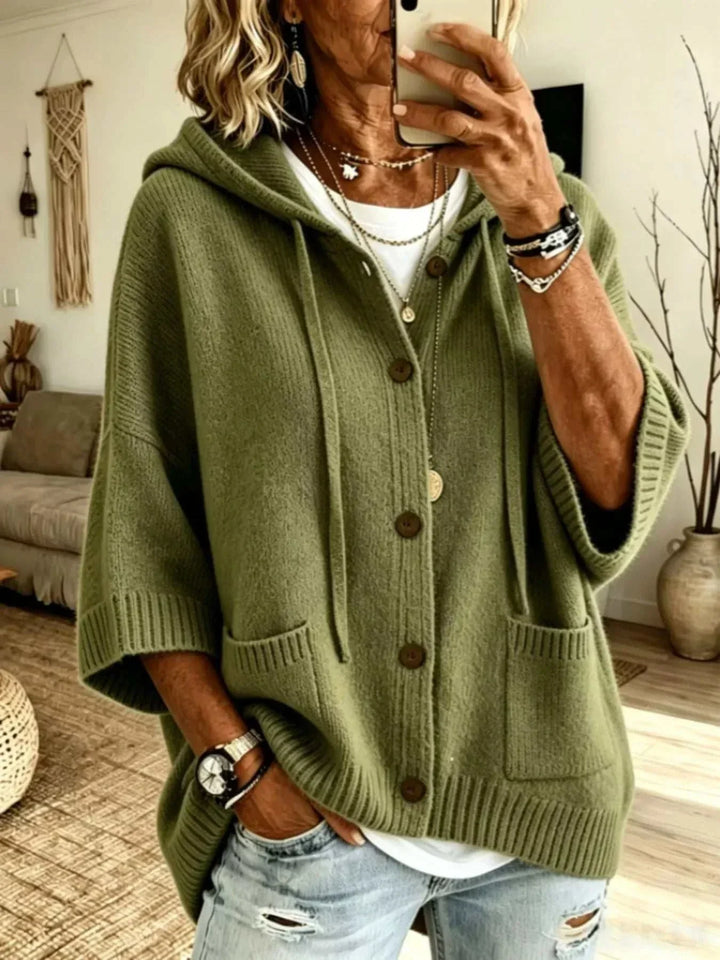 Women’s plus size hooded knit cardigan with button front and pockets