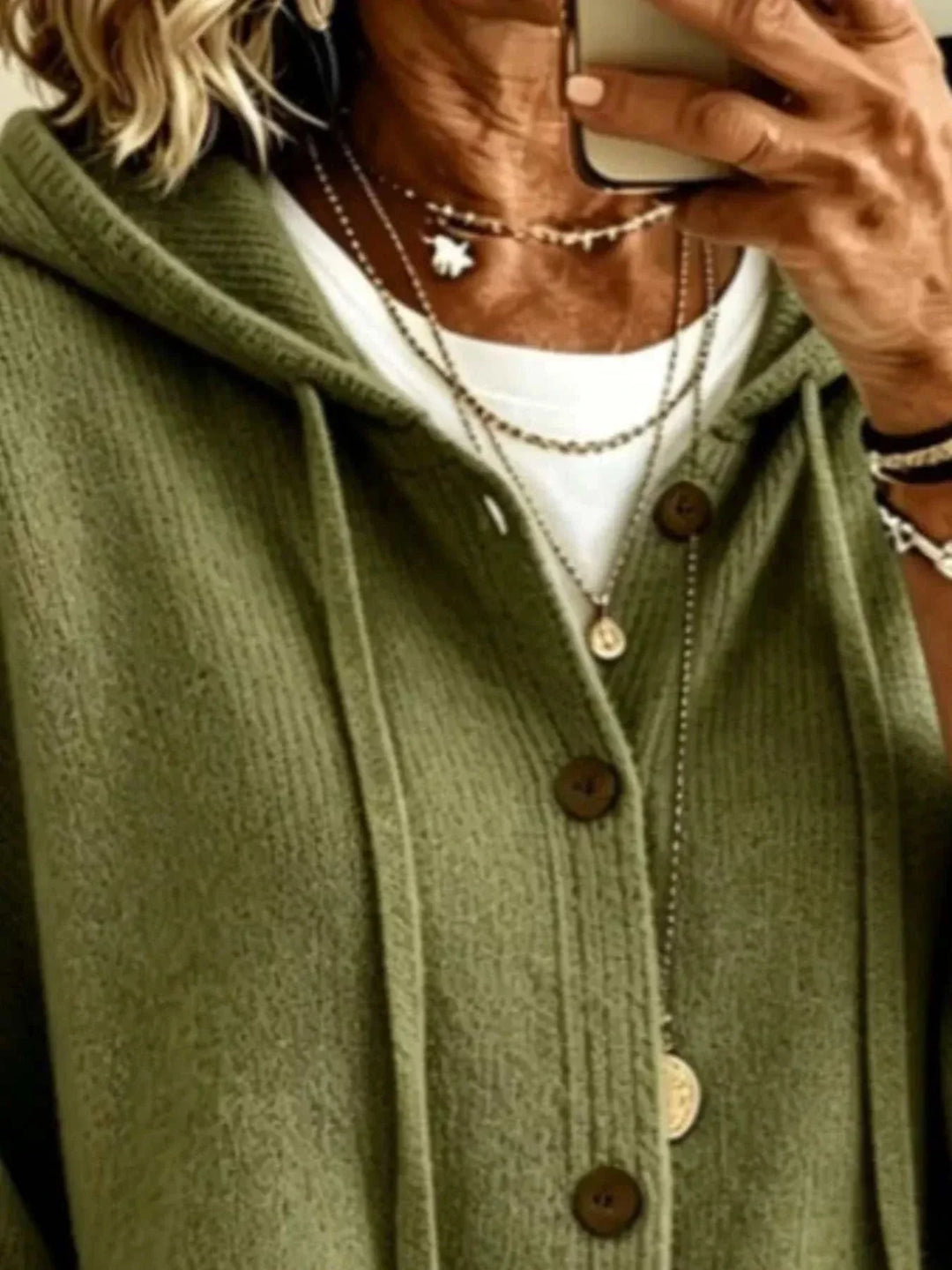 Women’s plus size hooded knit cardigan with button front and pockets