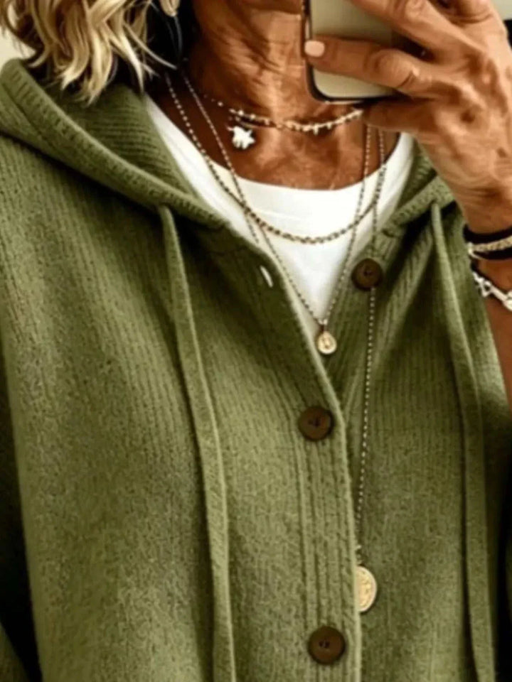 Women’s plus size hooded knit cardigan with button front and pockets