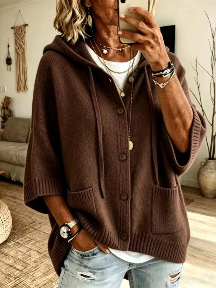Women’s plus size hooded knit cardigan with buttons and pockets