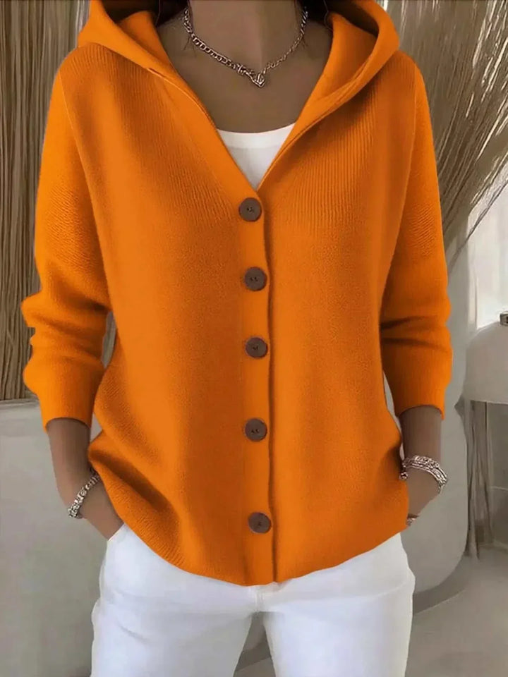 Women’s plus size long sleeve button-front cardigan with hood in soft knit fabric