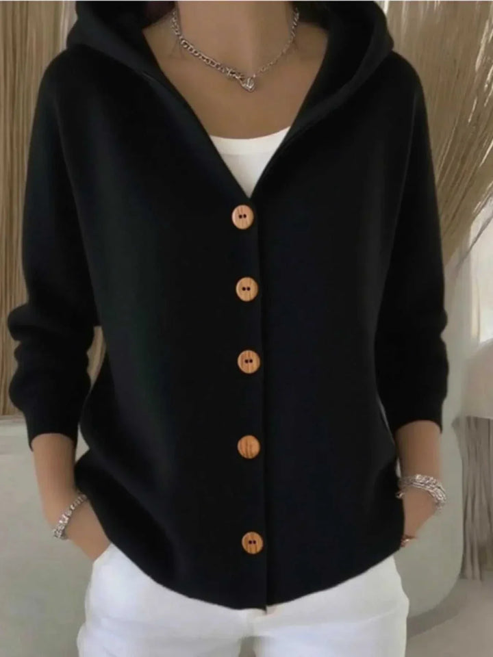 Women’s Plus Size Long Sleeve Cardigan with Button Front in soft knit and attached hood from Hot Topic Goods