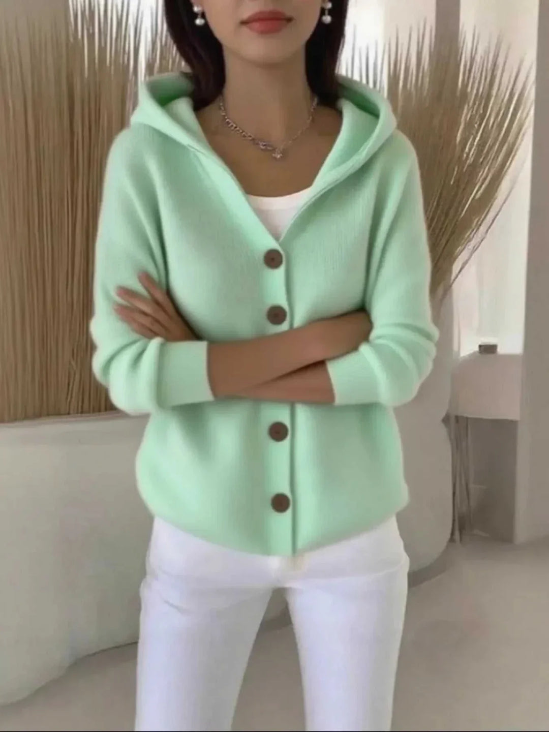 Women’s Plus Size Long Sleeve Cardigan with button front and hood for casual layering