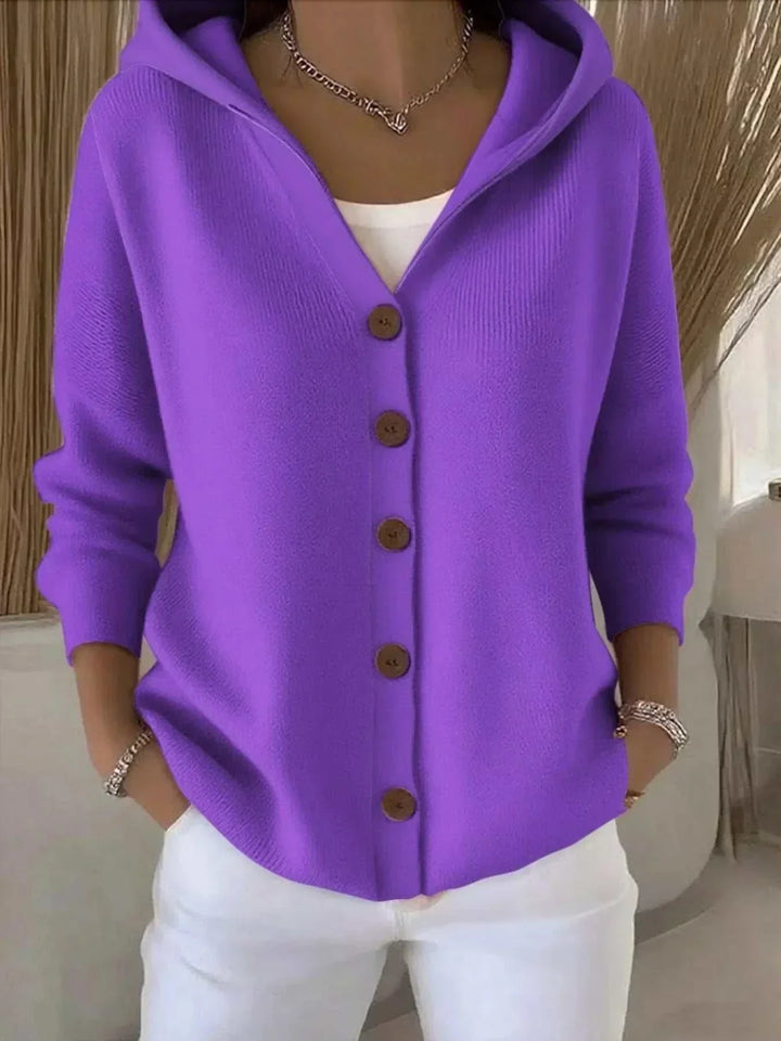 Women’s plus size long sleeve cardigan with button front and hood from Hot Topic Goods in soft knit fabric