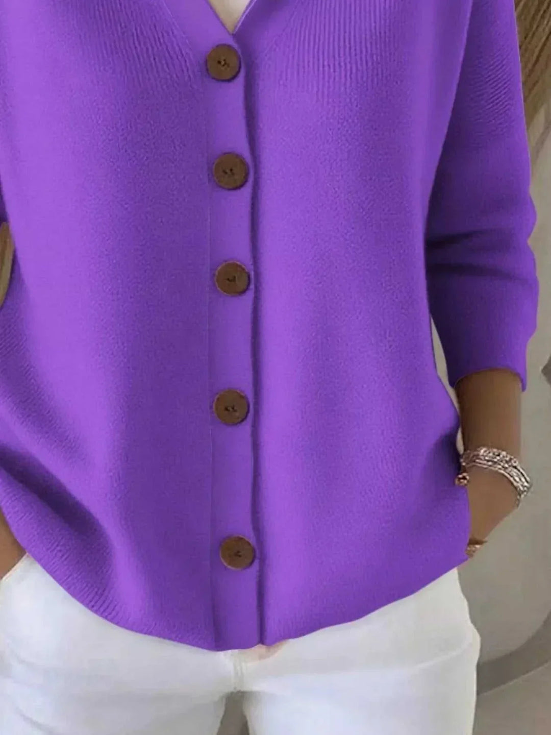 Women’s plus size long sleeve cardigan with button front and attached hood in soft knit material