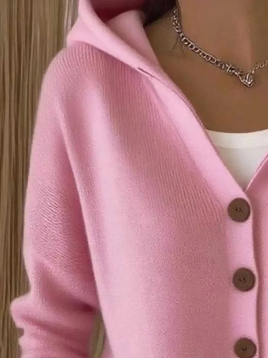 Women’s plus size long sleeve button-front cardigan with hood in soft knit fabric from Hot Topic Goods