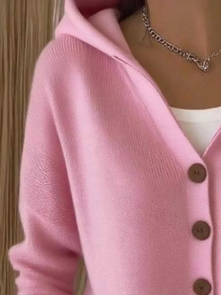 Women’s plus size long sleeve button-front cardigan with hood in soft knit fabric from Hot Topic Goods