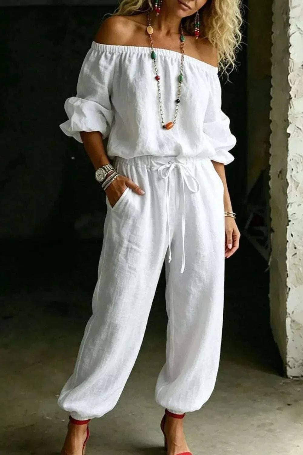 Plus size women's off-shoulder matching top and pants set from Hot Topic Goods