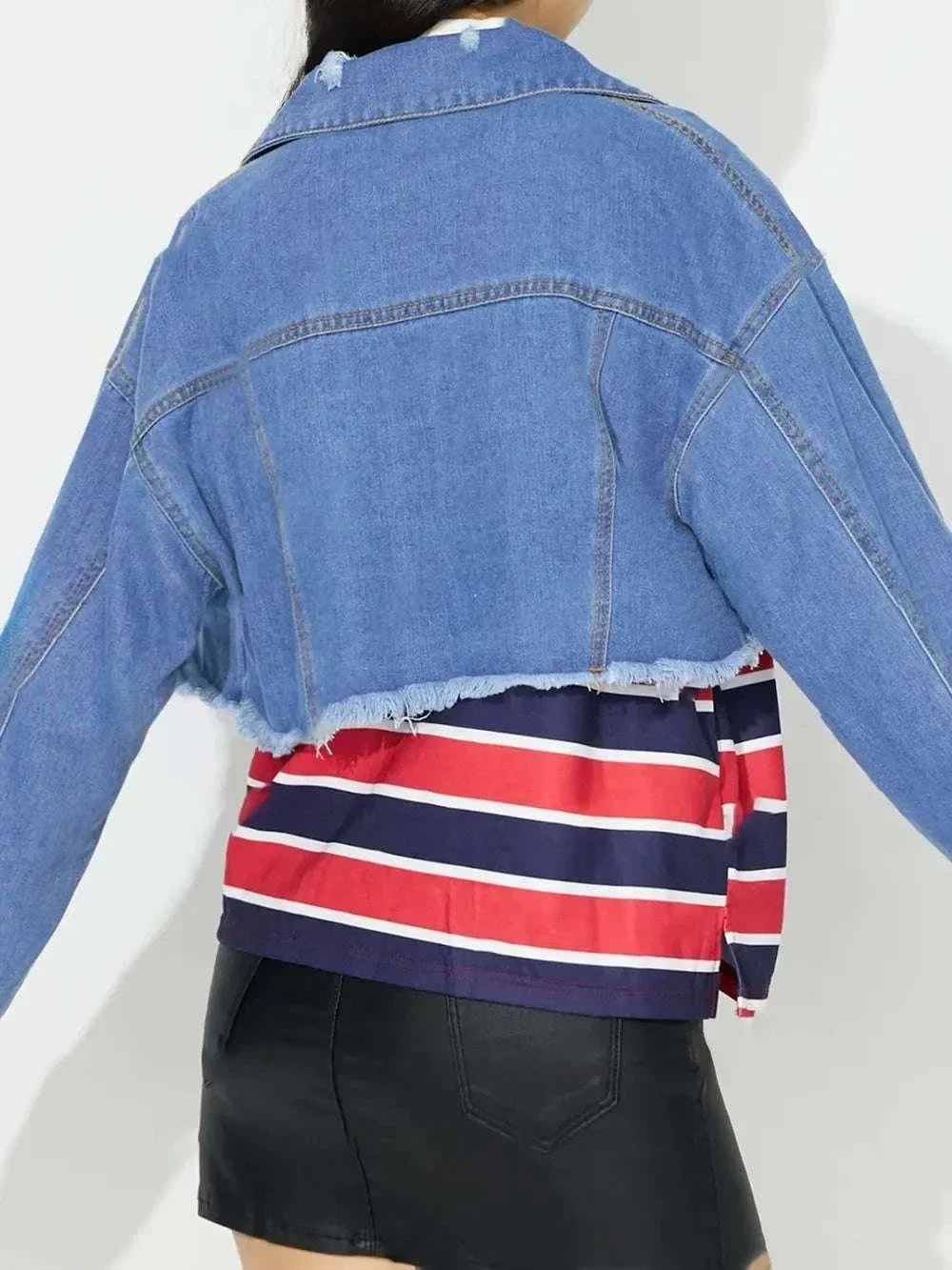 Women's raw hem collared cropped denim jacket with button-up front and long sleeves