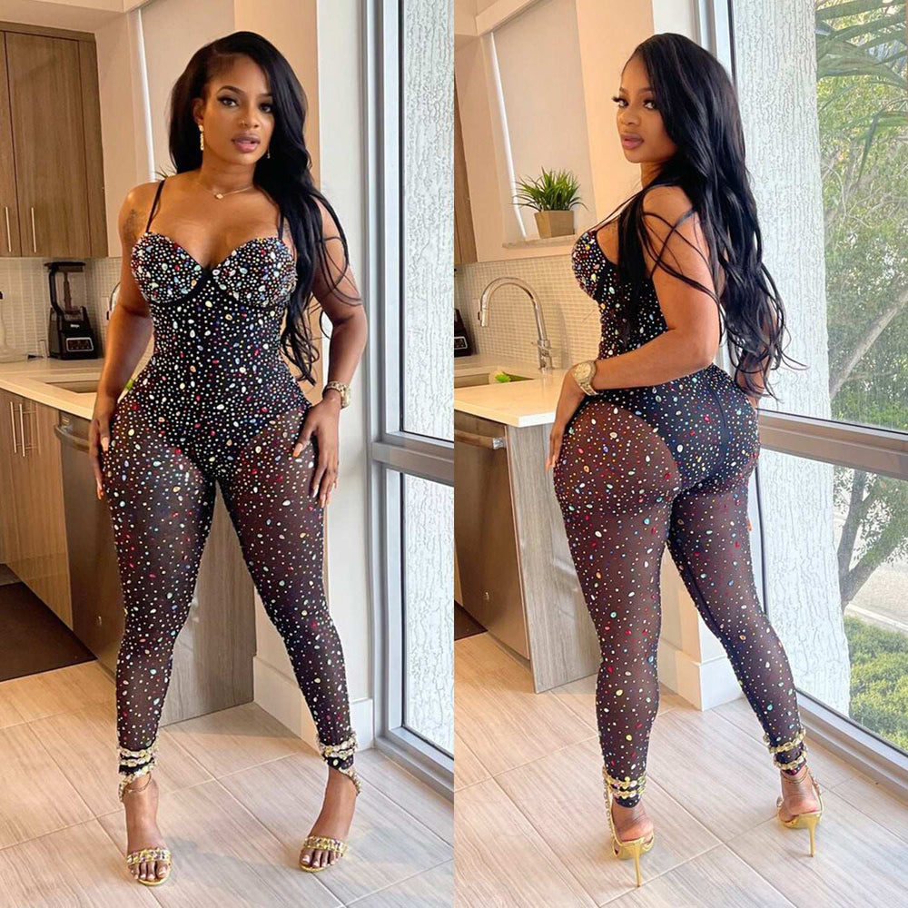 Elegant women's solid color mesh jumpsuit with rhinestone embellishments from Hot Topic Goods