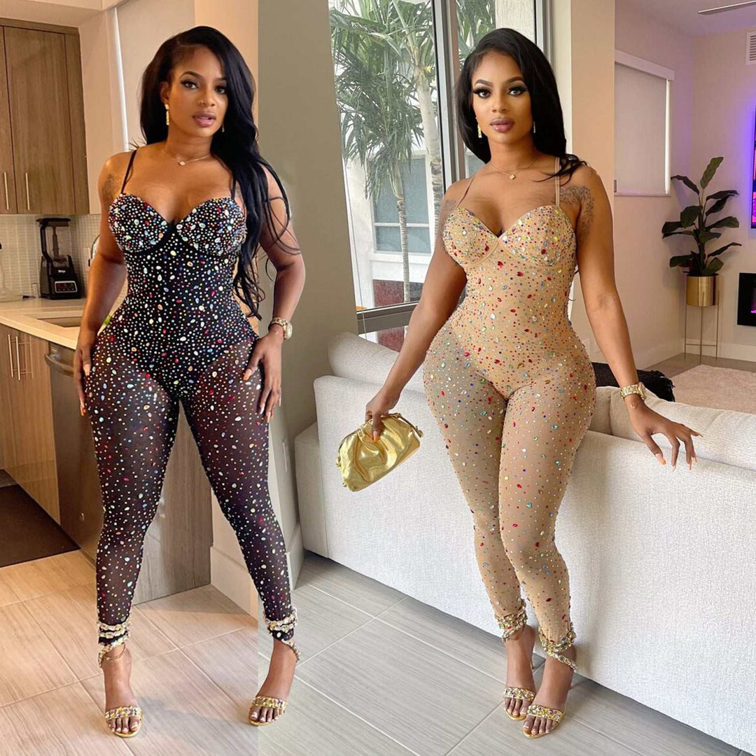 Women's solid color mesh rhinestone jumpsuit with sheer accents and long sleeves from Hot Topic Goods