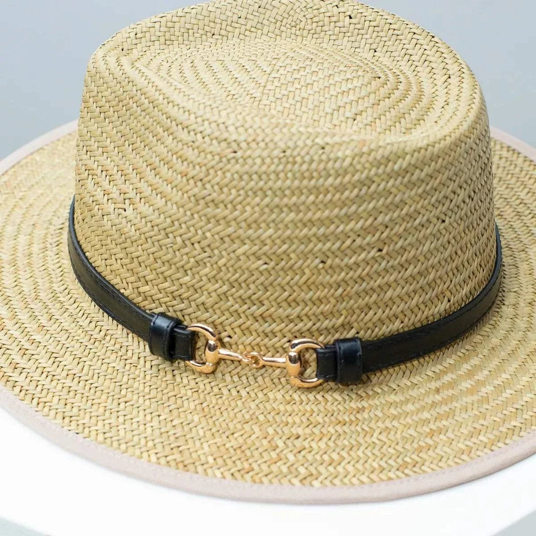 Women’s straw fedora hat with decorative band, classic summer accessory from Hot Topic Goods