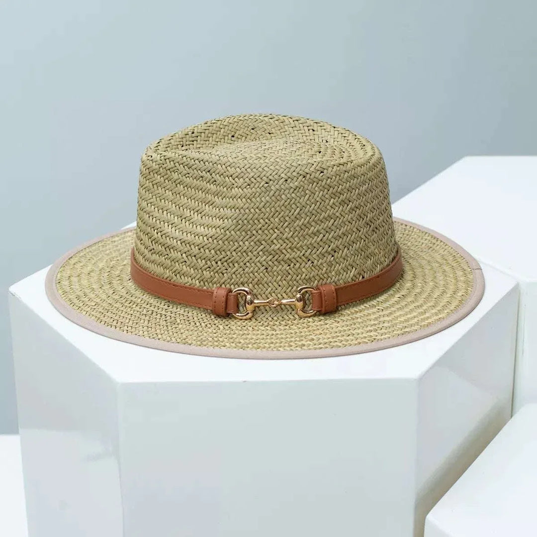 Women’s straw fedora hat with decorative band for summer styling