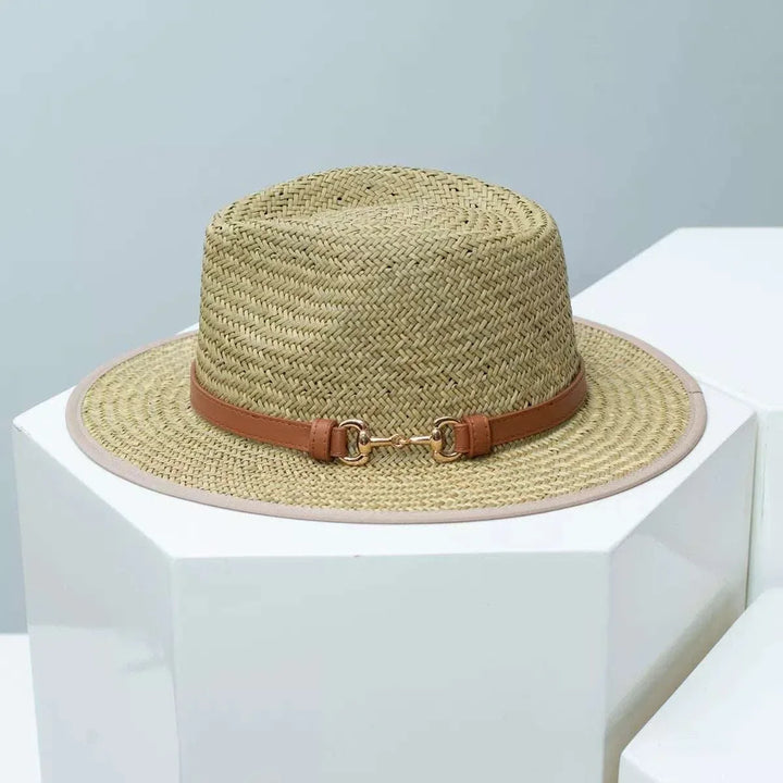 Women’s straw fedora hat with decorative band for summer styling