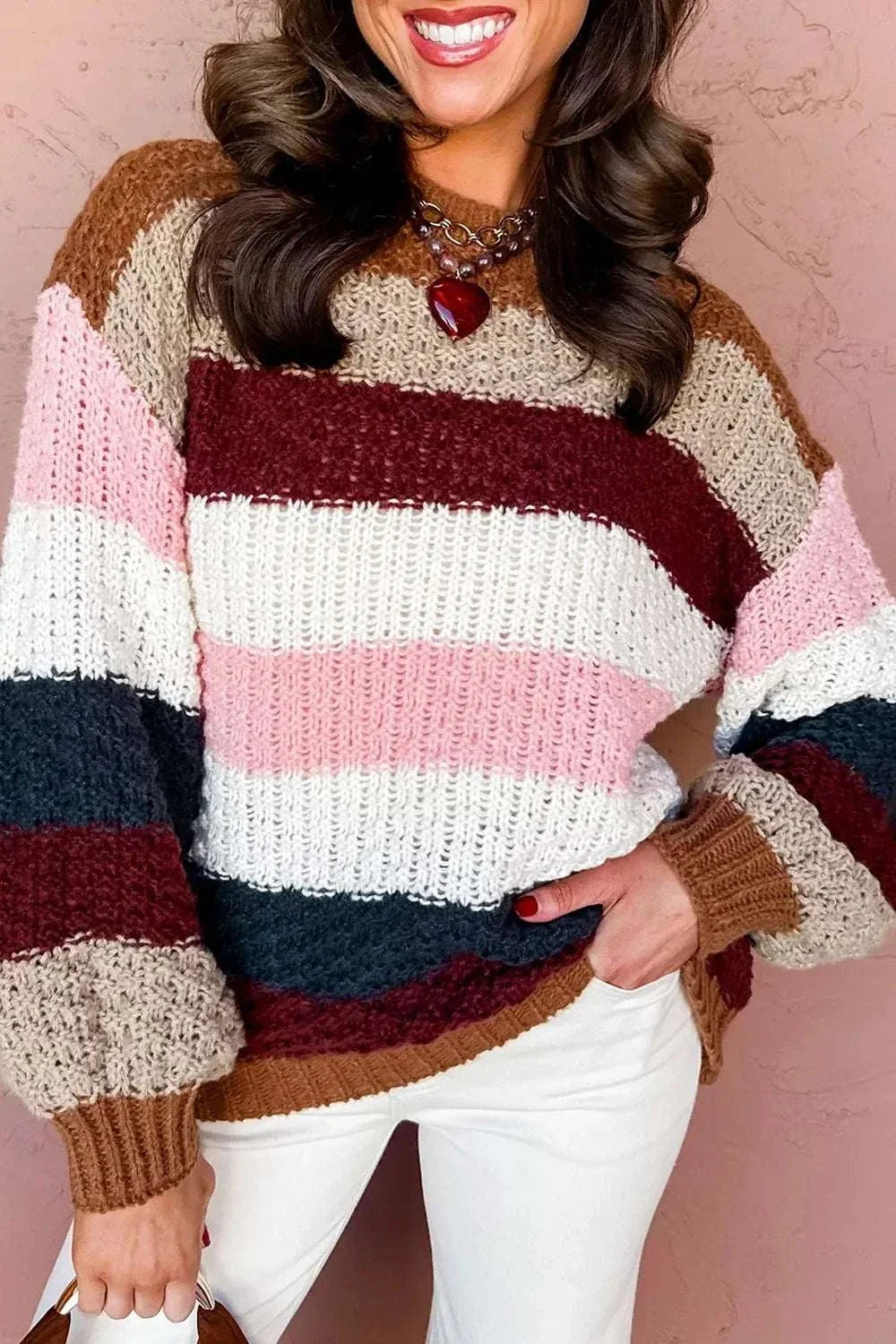Women's striped knit sweater with dropped shoulders and round neckline from Hot Topic Goods