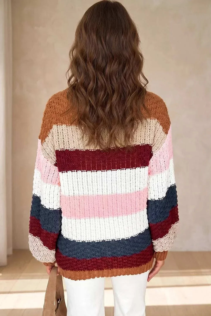 Women’s striped knit sweater with dropped shoulders and round neckline from Hot Topic Goods