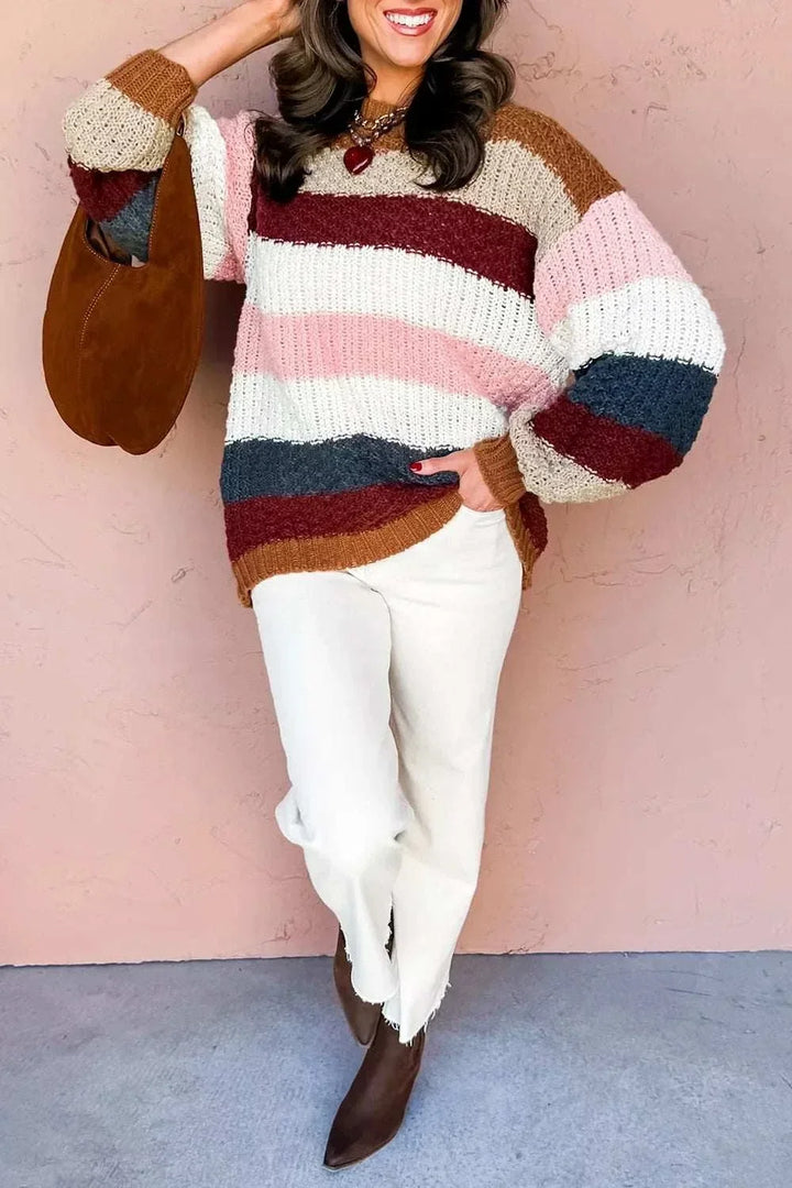 Women’s striped knit sweater with dropped shoulders and round neckline in casual style