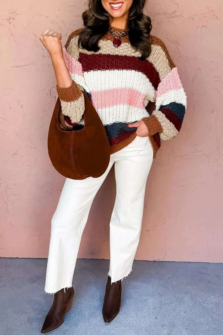 Woman wearing Women’s Striped Knit Sweater with dropped shoulders and round neckline from Hot Topic Goods