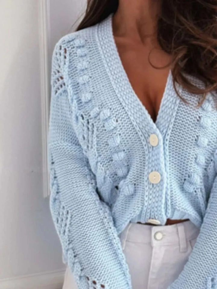 Women’s V-Neck Button-Up Cardigan from Hot Topic Goods in casual layered outfit