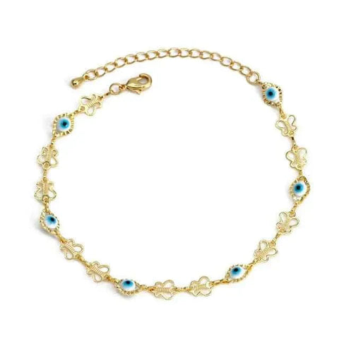 Elegant gold charm bracelet with blue eye motifs and adjustable chain clasp.
