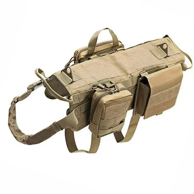 Tactical military dog harness with solid pattern and adjustable fit, crafted from durable nylon for all-season use.