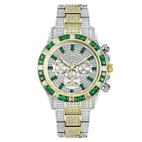 Diamond Calendar Watch with green accents and intricate diamond detailing.