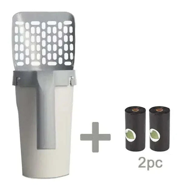Cat Litter Shovel with durable plastic design, ergonomic grip, and two garbage bag rolls.