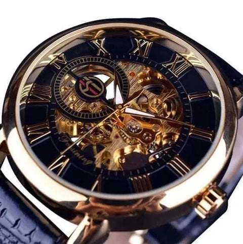 Men's luxury brand watch with gold intricate dial and leather strap.