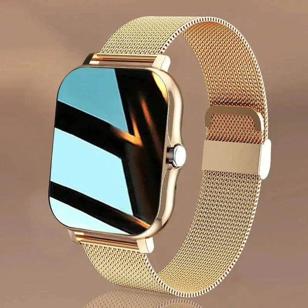 Gold fitness tracker smart watch with color touch screen and mesh band.
