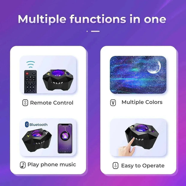 Northern Lights Star Projector with multiple functions, remote control, Bluetooth music, and easy operation.