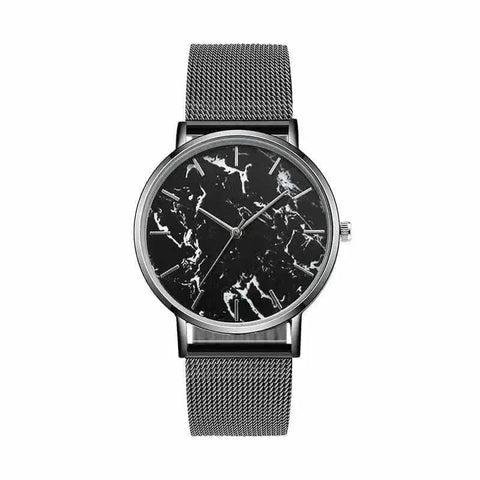 Rose Gold Mesh Band Marble Watch with black marble face and mesh strap.