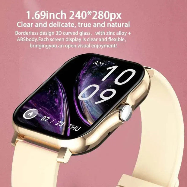 Fitness Tracker Smart Watch with 1.69" color touch screen displaying time and date.
