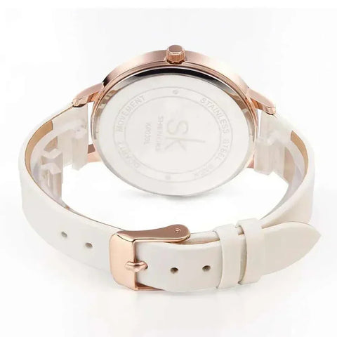 Shengke Fashion Watch with white band and rose gold case, stylish and elegant design.