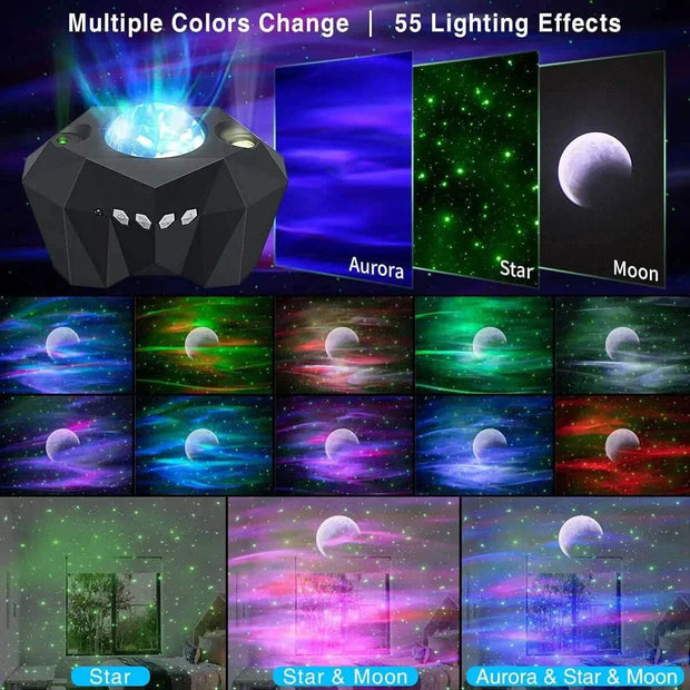 Northern Lights Star Projector displaying multiple colors and 55 lighting effects, featuring aurora, star, and moon projections.