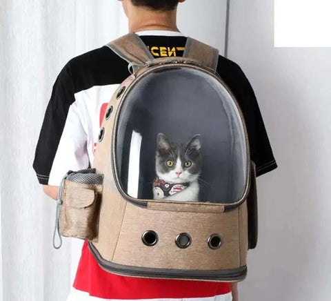 Space Capsule Cat Backpack with transparent bubble design for pet travel adventure.