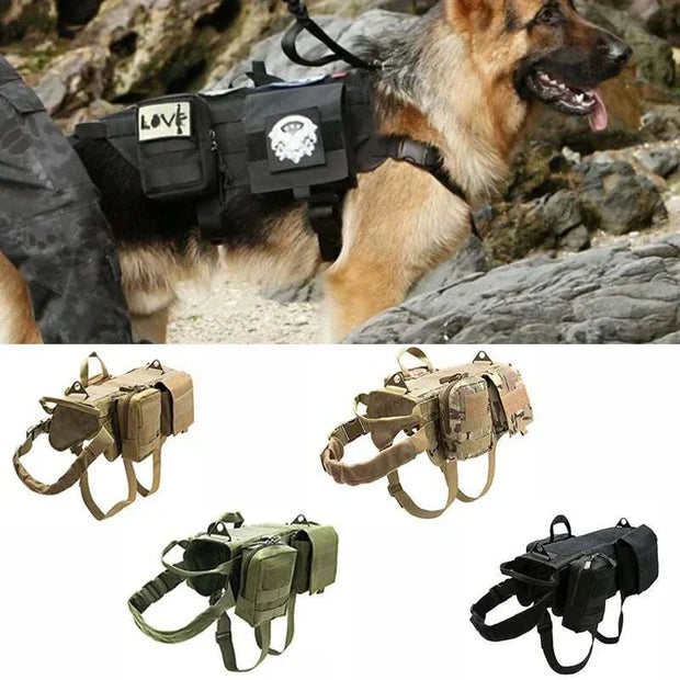 Tactical Military Dog Harness for adventurous canines, crafted from durable nylon with solid pattern and adjustable fit for all seasons.