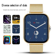 Diverse dial selection on Fitness Tracker Smart Watch with gold mesh band.