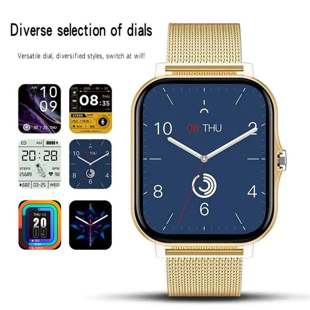 Diverse dial selection on Fitness Tracker Smart Watch with gold mesh band.