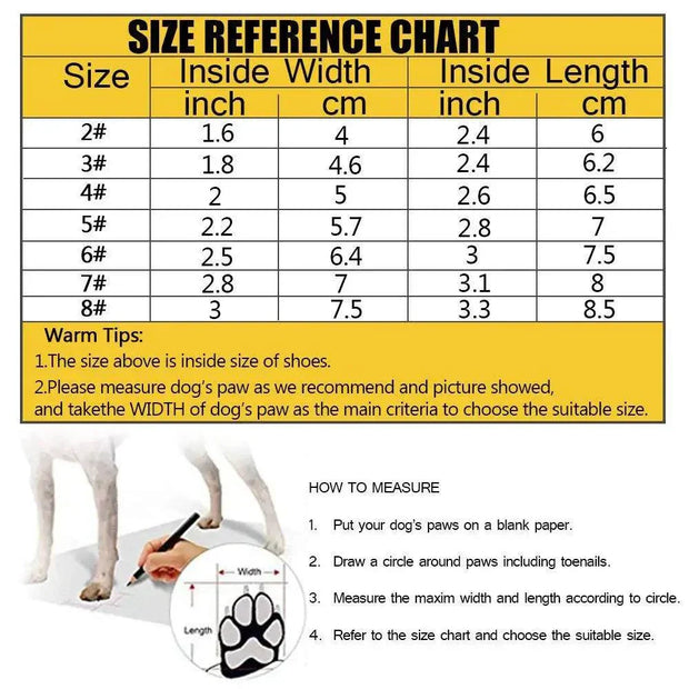 Size chart for Waterproof Reflective Dog Boots, showing inside width and length measurements in inches and centimeters for different sizes.