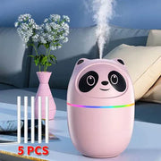 Cat humidifier with colorful night light in pink, featuring a panda design, 250ml capacity, USB powered, ideal for small spaces.
