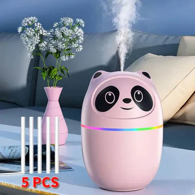Cat humidifier with colorful night light in pink, featuring a panda design, 250ml capacity, USB powered, ideal for small spaces.
