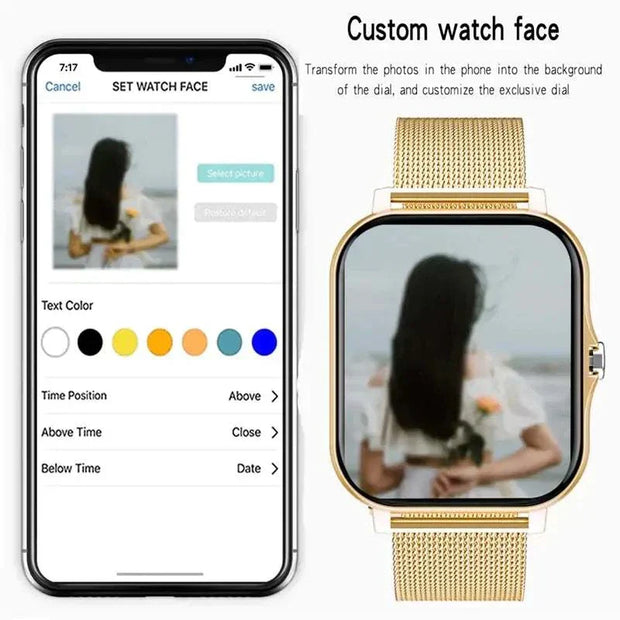Customizable watch face feature on the Fitness Tracker Smart Watch with a color touch screen and text color options.