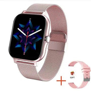 Fitness Tracker Smart Watch with 1.69" color touch screen and metal strap, includes additional band.