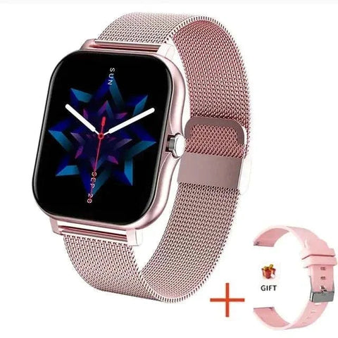 Fitness Tracker Smart Watch with 1.69" color touch screen and metal strap, includes additional band.
