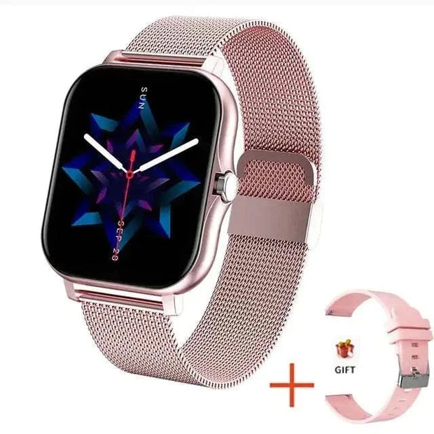 Fitness Tracker Smart Watch with 1.69" color touch screen and metal strap, includes additional band.