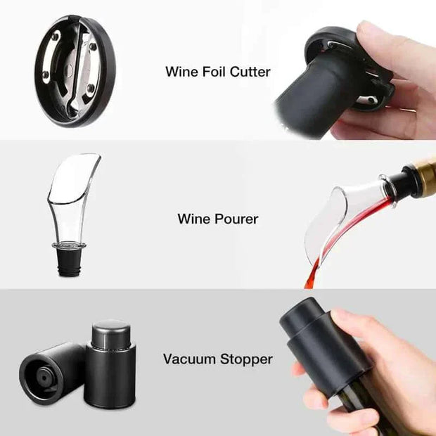 Automatic wine bottle opener with wine foil cutter, wine pourer, and vacuum stopper. Perfect tool for effortless uncorking and preserving wine.